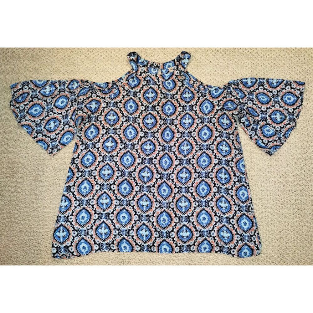 Women's Love Marks Cold-Shoulder Bell Sleeves Blouse Top Shirt (Sz L) - Picture 1 of 7